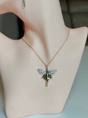 Gold Fairy Pendant Necklace with Blue and Clear Crystals